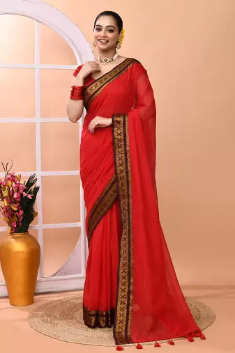 Red festive cotton blend handloom saree with running blouse
