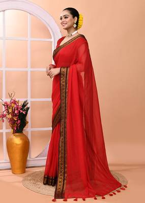 Red festive cotton blend handloom saree with running blouse 2