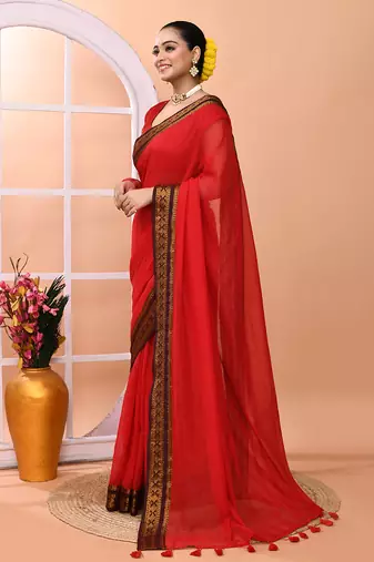 Red festive cotton blend handloom saree with running blouse