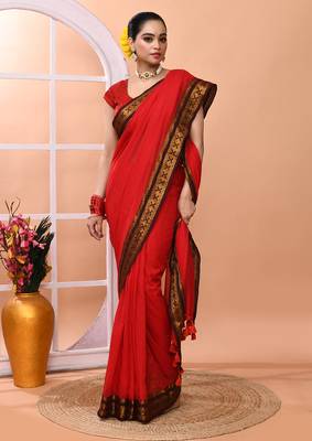 Red festive cotton blend handloom saree with running blouse 3