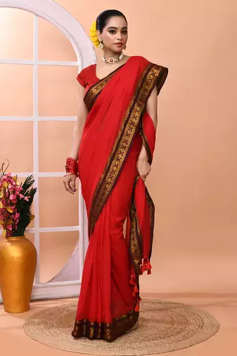 Red festive cotton blend handloom saree with running blouse