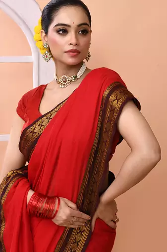 Red festive cotton blend handloom saree with running blouse