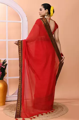 Red festive cotton blend handloom saree with running blouse