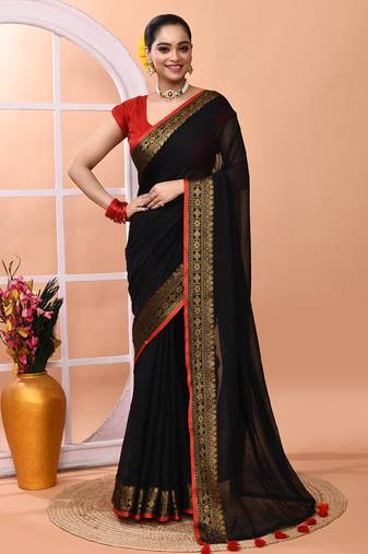Black festive cotton blend handloom saree with running blouse