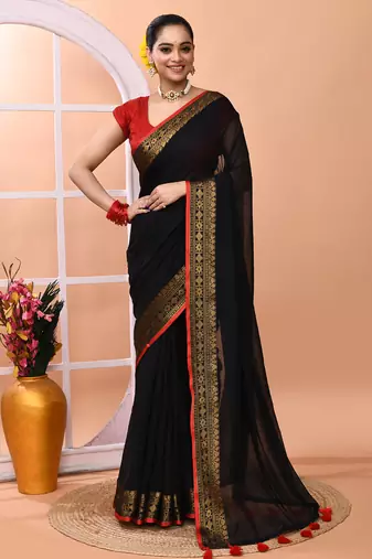 Black festive cotton blend handloom saree with running blouse
