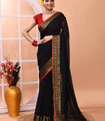 Black festive cotton blend handloom saree with running blouse