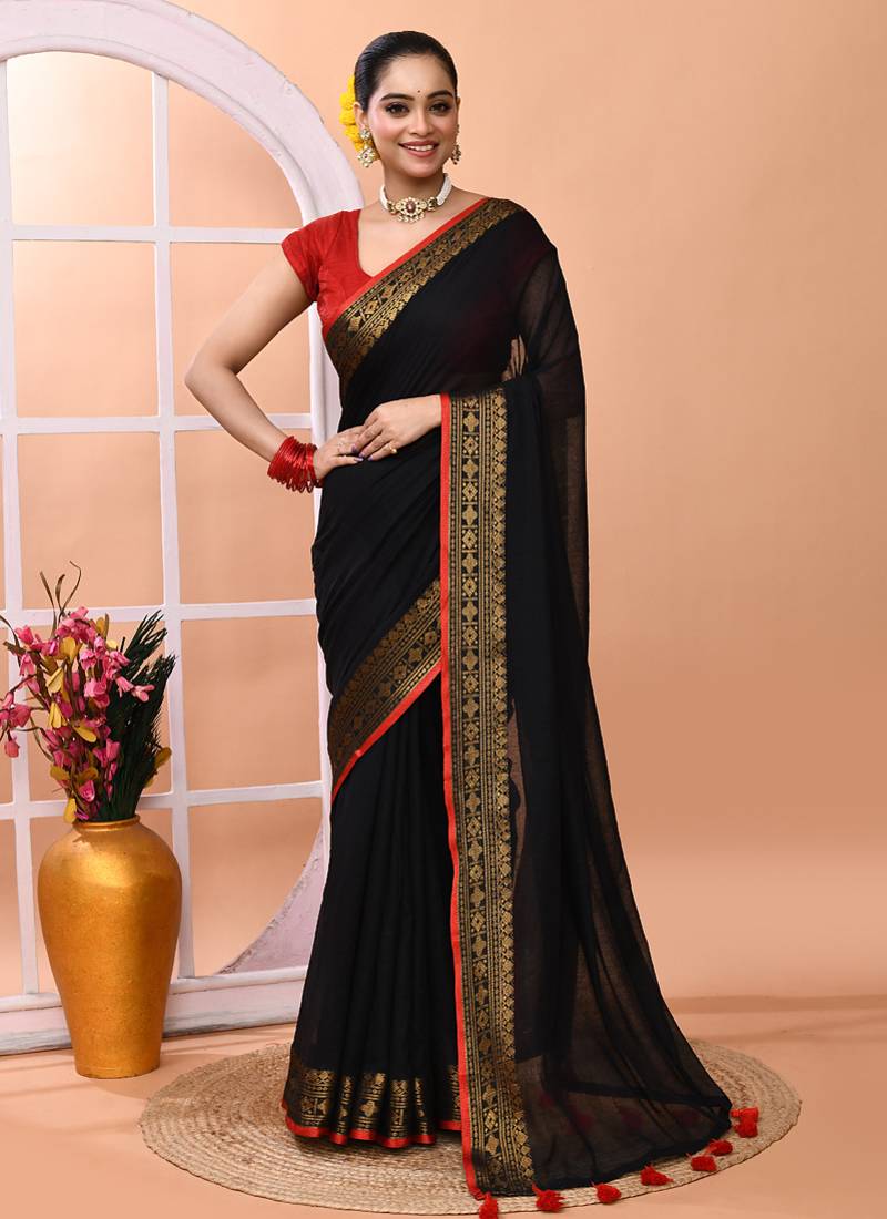 Black festive cotton blend handloom saree with running blouse