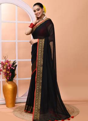 Black festive cotton blend handloom saree with running blouse 2