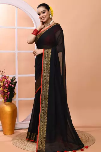Black festive cotton blend handloom saree with running blouse