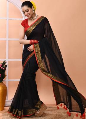 Black festive cotton blend handloom saree with running blouse 3