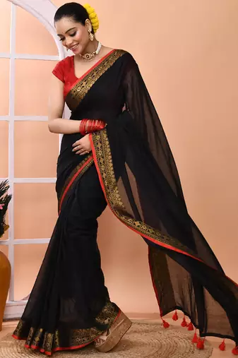 Black festive cotton blend handloom saree with running blouse