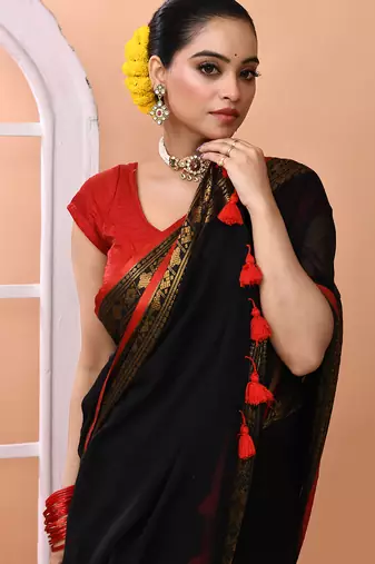Black festive cotton blend handloom saree with running blouse