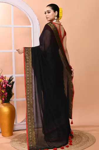 Black festive cotton blend handloom saree with running blouse