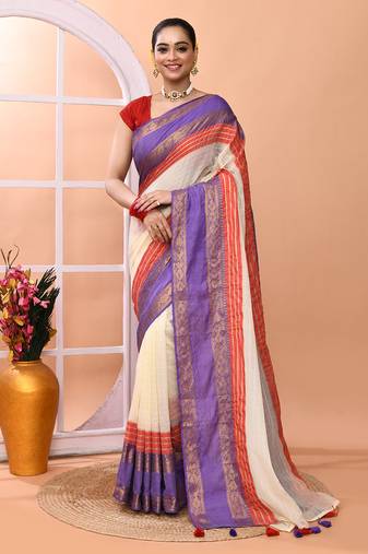Off white festive cotton blend handloom saree with running blouse