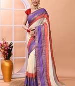 Off white festive cotton blend handloom saree with running blouse