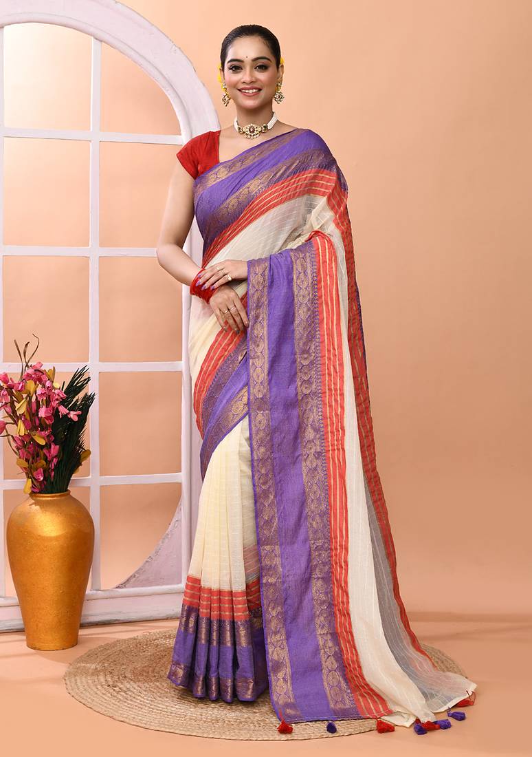 Off white festive cotton blend handloom saree with running blouse