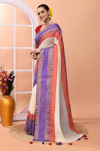 Off white festive cotton blend handloom saree with running blouse