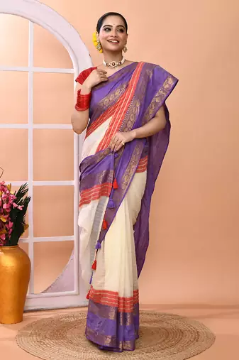 Off white festive cotton blend handloom saree with running blouse