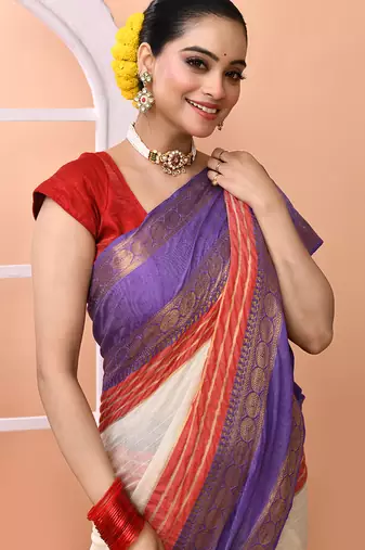 Off white festive cotton blend handloom saree with running blouse