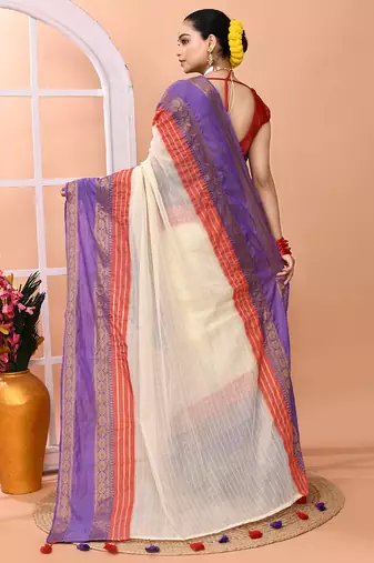 Off white festive cotton blend handloom saree with running blouse