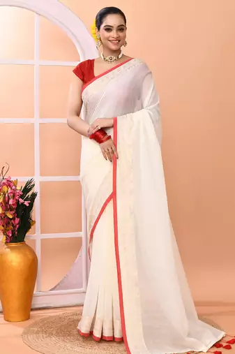 Off white festive cotton blend handloom saree with running blouse
