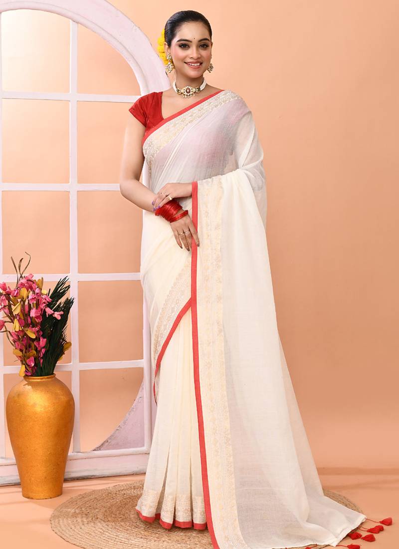 Off white festive cotton blend handloom saree with running blouse