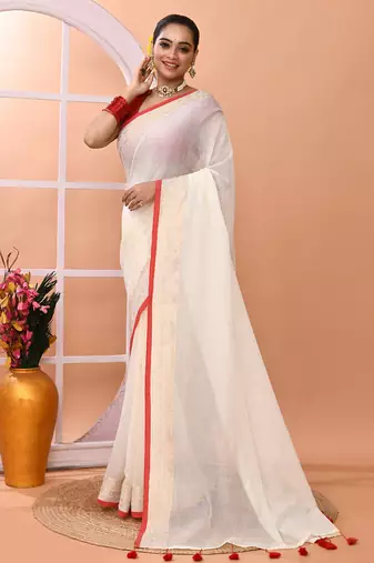 Off white festive cotton blend handloom saree with running blouse