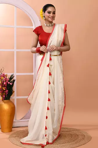 Off white festive cotton blend handloom saree with running blouse