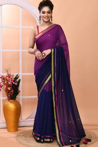 Blue daily wear sequin handloom cotton blend saree without blouse