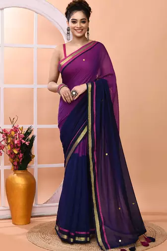 Blue daily wear sequin handloom cotton blend saree without blouse