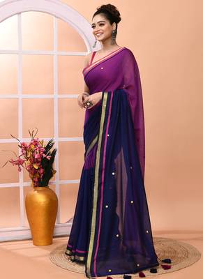 Blue daily wear sequin handloom cotton blend saree without blouse 2