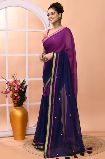 Blue daily wear sequin handloom cotton blend saree without blouse