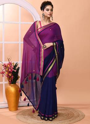 Blue daily wear sequin handloom cotton blend saree without blouse 3