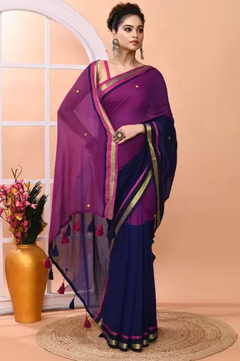 Blue daily wear sequin handloom cotton blend saree without blouse
