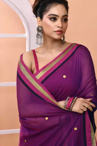 Blue daily wear sequin handloom cotton blend saree without blouse