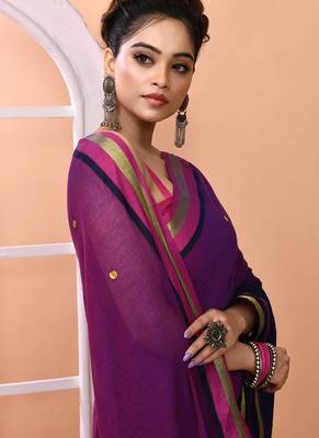 Blue daily wear sequin handloom cotton blend saree without blouse 5