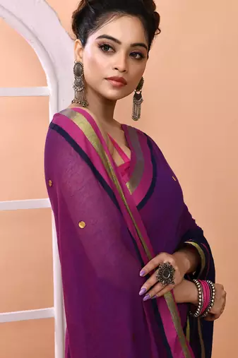 Blue daily wear sequin handloom cotton blend saree without blouse
