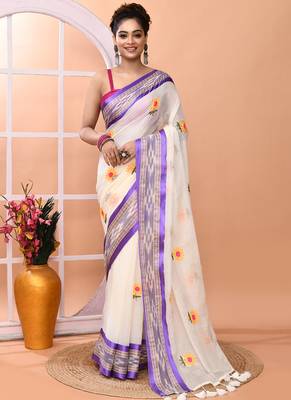Off white office wear embrodery handloom cotton blend saree without blouse 1