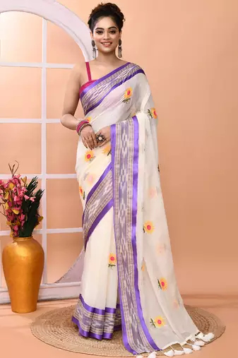 Off white office wear embrodery handloom cotton blend saree without blouse