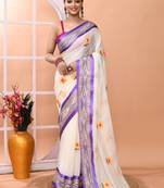 Off white office wear embrodery handloom cotton blend saree without blouse