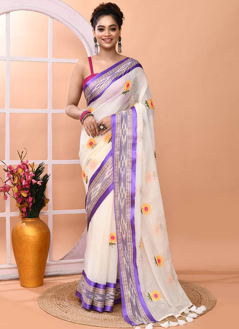 Off white office wear embrodery handloom cotton blend saree without blouse