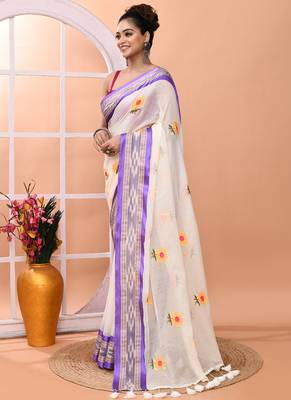 Off white office wear embrodery handloom cotton blend saree without blouse 2