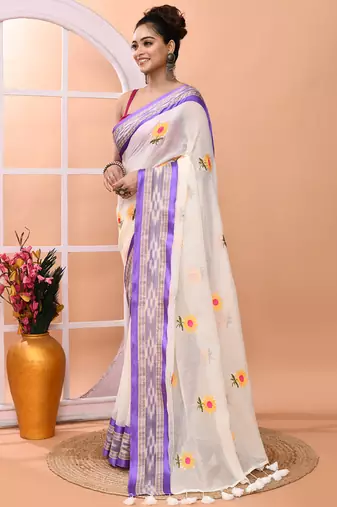 Off white office wear embrodery handloom cotton blend saree without blouse