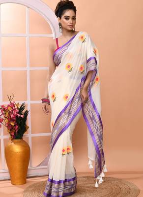 Off white office wear embrodery handloom cotton blend saree without blouse 3