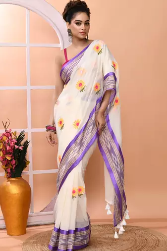 Off white office wear embrodery handloom cotton blend saree without blouse