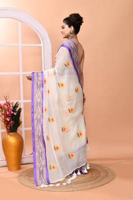 Off white office wear embrodery handloom cotton blend saree without blouse 5