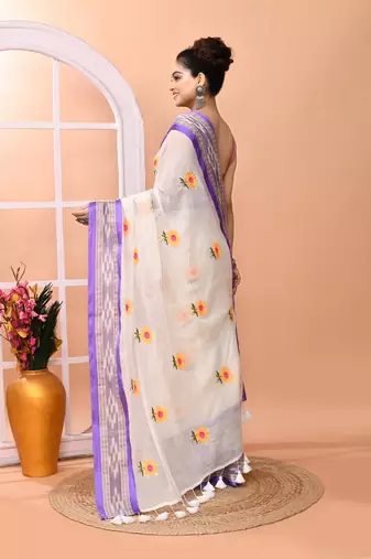 Off white office wear embrodery handloom cotton blend saree without blouse