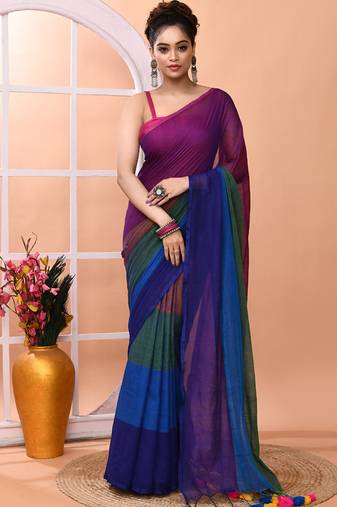 Multicolour daily wear handloom cotton blend saree without blouse