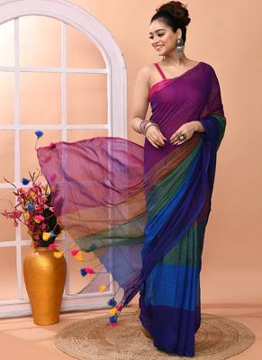 Multicolour daily wear handloom cotton blend saree without blouse 3