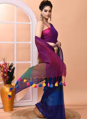 Multicolour daily wear handloom cotton blend saree without blouse 4